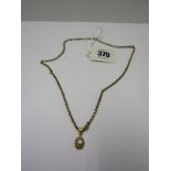 9ct YELLOW GOLD CUSHION CUT DIAMOND DROP PENDANT, on 9ct gold vintage belcher link chain, old cut