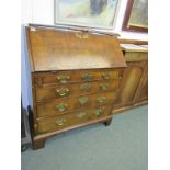 GEORGIAN WALNUT BUREAU, cross banded fall front bureau 4 long graduated drawers, with fitted