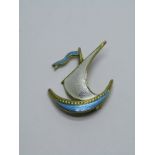 NORWEGIAN STERLING SILVER ENAMEL BROOCH; In the form of a sailing boat