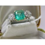 PLATUNUM EMERALD & DIAMOND 3 STONE RING, superb emerald & diamond 3 stone ring, emerald set in 4