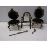 DOLLS HOUSE FURNITURE, swing dressing table mirror, together with pair of fauteuil chairs and silver