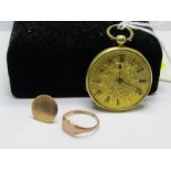 18ct GOLD CASED FOB WATCH; in a/f condition, 15ct gold stud and 9ct gold signet ring in a/f