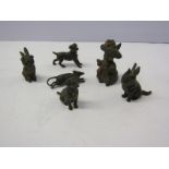 MINIATURE BRONZE ANIMALS, collection of 3 Rabbits, a Rat and 2 Dogs