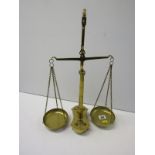BRASS BALANCE SCALES, pair of table top column support brass balance scales, inset with metric