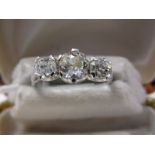 18ct WHITE GOLD 3 STONE DIAMOND RING, old cut diamonds of good colour and clarity, centre diamond