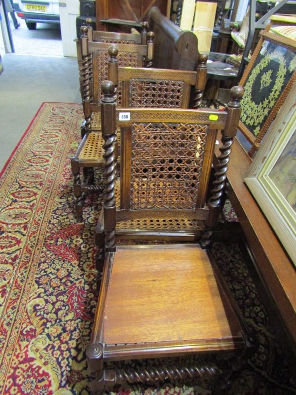 OAK FRAMED DINING CHAIRS, set of 4 oak framed dining chairs on barley turned framed with bergere