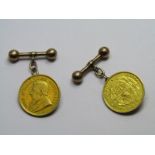 A PAIR OF GOLD HALF POND CUFF LINKS; 1896 and the other 1897, approx 13.7 grms in weight