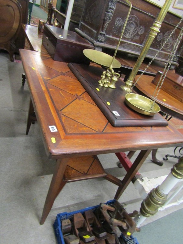 INLAID TABLE; An oak framed rectangular formed table with inlaid and cross banded decoration