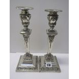 PAIR OF SILVER CLASSICAL DESIGN CANDLESTICKS, on square form tapering support and base, 12" high,