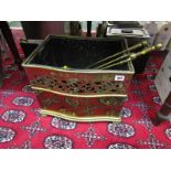 FIRE COMPANION WARE, brass pierced rim coal box with andirons and other fire tools