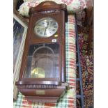 WALL CLOCK, bevel glass panelled door, oak cased wall clock with presentation plaque