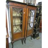 MARQUETRY DISPLAY CABINET, pair of inlaid mahogany single door display cabinets, each one 21" width