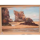 NANCY BAILEY, signed oil on board, "Perranporth Rocks", 15.5" x 23"