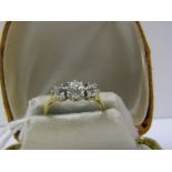 18ct YELLOW GOLD & PLATINUM 3 STONE DIAMOND RING, 3 old cut diamonds of good colour and clarity,