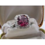 18ct WHITE GOLD PINK TOURMALINE & DIAMOND RING, central cushion cut pink tourmaline approx 9.8mm x