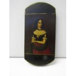 VICTORIAN SPECTACLE CASE, mid 19th Century papier mache case decorated with young lady smoking and