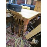 PINE FARMHOUSE TABLE, inverted baluster legs, together with 4 matching slat back chairs