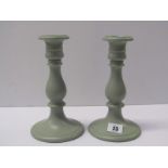 RIDGEWAY CANDLESTICKS, pair of green stoneware circular base 8.25" height