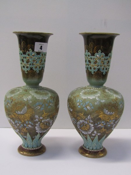 DOULTON & SLATERS, pair of lace impressed 12" vases with pierced splayed necks and enamelled