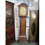 EARLY 19TH CENTURY 8 DAY LONGCASE CLOCK, painted breakarch face with panelled oak casing and bell