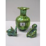 ZSOLNAY LUSTRE, gold and green lustre multi-ribbed 6.5" vase, together with 2 similar models of