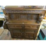 COURT CUPBOARD, Elizabethian design reproduction carved oak cupboard base court cupboard, 48" width