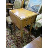 VICTORIAN NEEDLEWORK TABLE, beech twin drawer and double flap needlework table on tapering turned