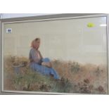 H CAFFIERI, watercolour girl seated in a summer meadow 14" x 20.5"