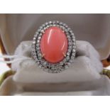 14ct YELLOW GOLD CORAL & DIAMOND CLUSTER RING, large central oval coral approx 14x10mm, surrounded