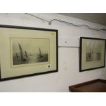 ROWLAND LANGMAID, pair of signed etchings "Schooner, Battleship and Fishing Boats off Headland"