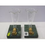 CORNUCOPIA VASES, pair of marble based gilt hand terminal glass cornucopia vases, 5" height