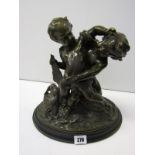 BRONZE SCULPTURE, oval based group of 2 fighting putti with dead bird, signed on base "Boucher et