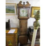 LONGCASE CLOCK, 30 hour inlaid oak case 30 hour longcase clock by B Edwards, painted square face