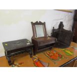 CARVED OAK STOOL, Edwardian mirrored shaving stand and corner bracket shelf