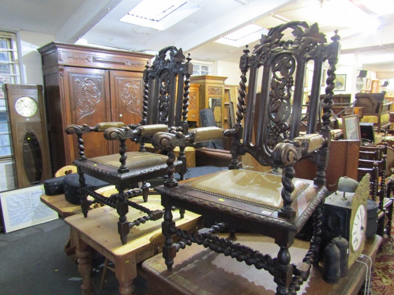 19th CENTURY FLEMISH ARMCHAIRS, pair of Flemish carved oak carver chairs with carved and pierced - Image 2 of 2