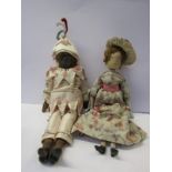 DUTCH DOLLS, 2 early 20th Century large wooden Dutch-type peg dolls, 1 dressed in pink Pierrot style