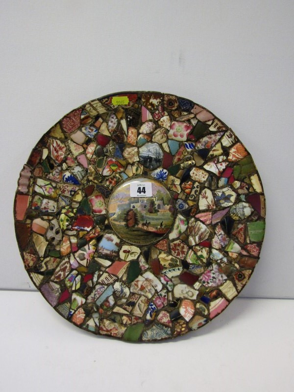 VICTORIAN FOLK ART, pot lid centre ceramic fragment encrusted charger, 13.5" dia - Image 2 of 4