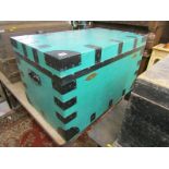 ZINC LINED TRUNK, metal banded travel trunk by John Parsons & Sons with contemporary turquoise