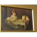 ENGLISH SCHOOL, oil on board "3 Children looking at puppies in a manger" 6.5" x 10"