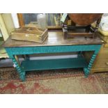 FLEMISH DESK, carved oak desk with green painted bobbin base, 47" width (missing 2 drawers)