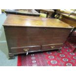 ANTIQUE MULE CHEST, oak twin drawer base mule chest with brass swan neck handles, 40" width