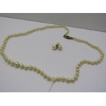 9ct YELLOW GOLD & GARNET CLASPED SINGLE STRAND GRADUATED PEARL NECKLACE (cultured pearls) together