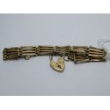 9ct YELLOW GOLD 4 BAR GATE CHARM BRACELET; with padlock clasp and safety chain, 12.3 grms in weight