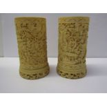 ANTIQUE IVORY, pair of 19th Century intricately carved 4" cylindrical vases depicting village life