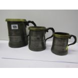 VICTORIAN GRADUATED TANKARD SET, set of 3 Victorian graduated pewter tankards with brass lips