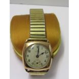 9CT GOLD GENTLEMAN'S RECORD WRIST WATCH on expanding bracelet, working intermittently