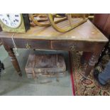 VICTORIAN TABLE; Leather inset to top, fitted two drawers on turned legs, a/f, 48"