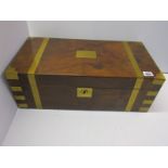 VICTORIAN WRITING BOX, brass banded and inset corner burr walnut writing box, 20" width