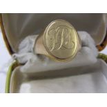 9ct YELLOW GOLD SIGNET RING weighing approximately 9.2 grams, size 0/P