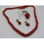 CORAL JEWELLERY, gold set coral ring, size N/O, facetted coral bead necklace and coral bead earrings